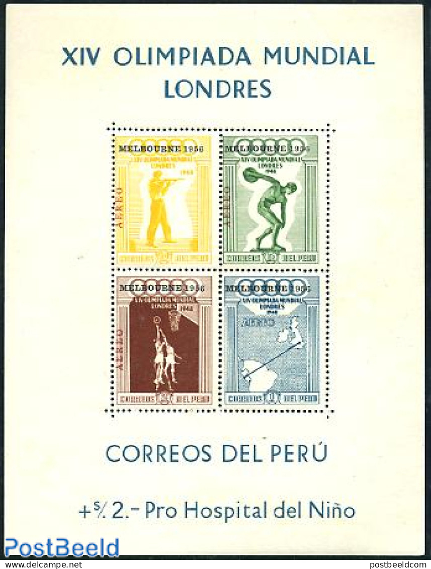 Peru 1957 Olympic Games Melbourne S/s, Mint NH, Sport - Various - Basketball - Olympic Games - Shooting Sports - Maps - Baloncesto