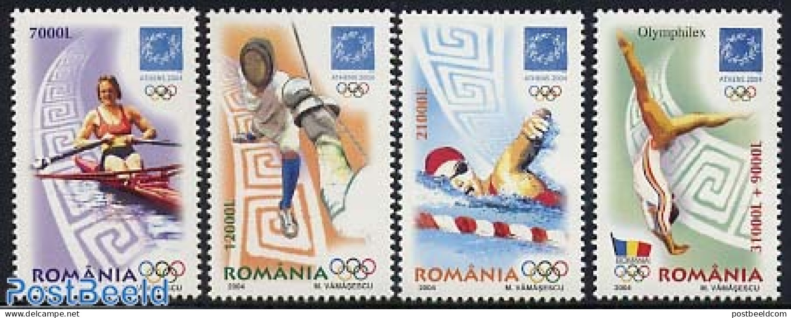 Romania 2004 Olympic Games 4v, Mint NH, Sport - Fencing - Gymnastics - Kayaks & Rowing - Olympic Games - Swimming - Unused Stamps