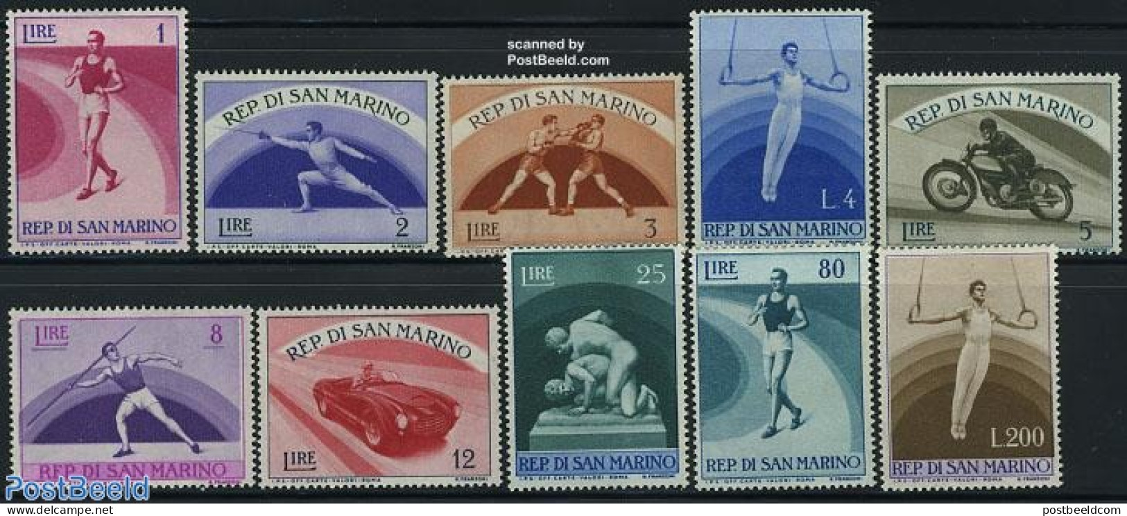 San Marino 1954 Sports 10v, Mint NH, Sport - Transport - Athletics - Autosports - Boxing - Fencing - Sport (other And .. - Neufs