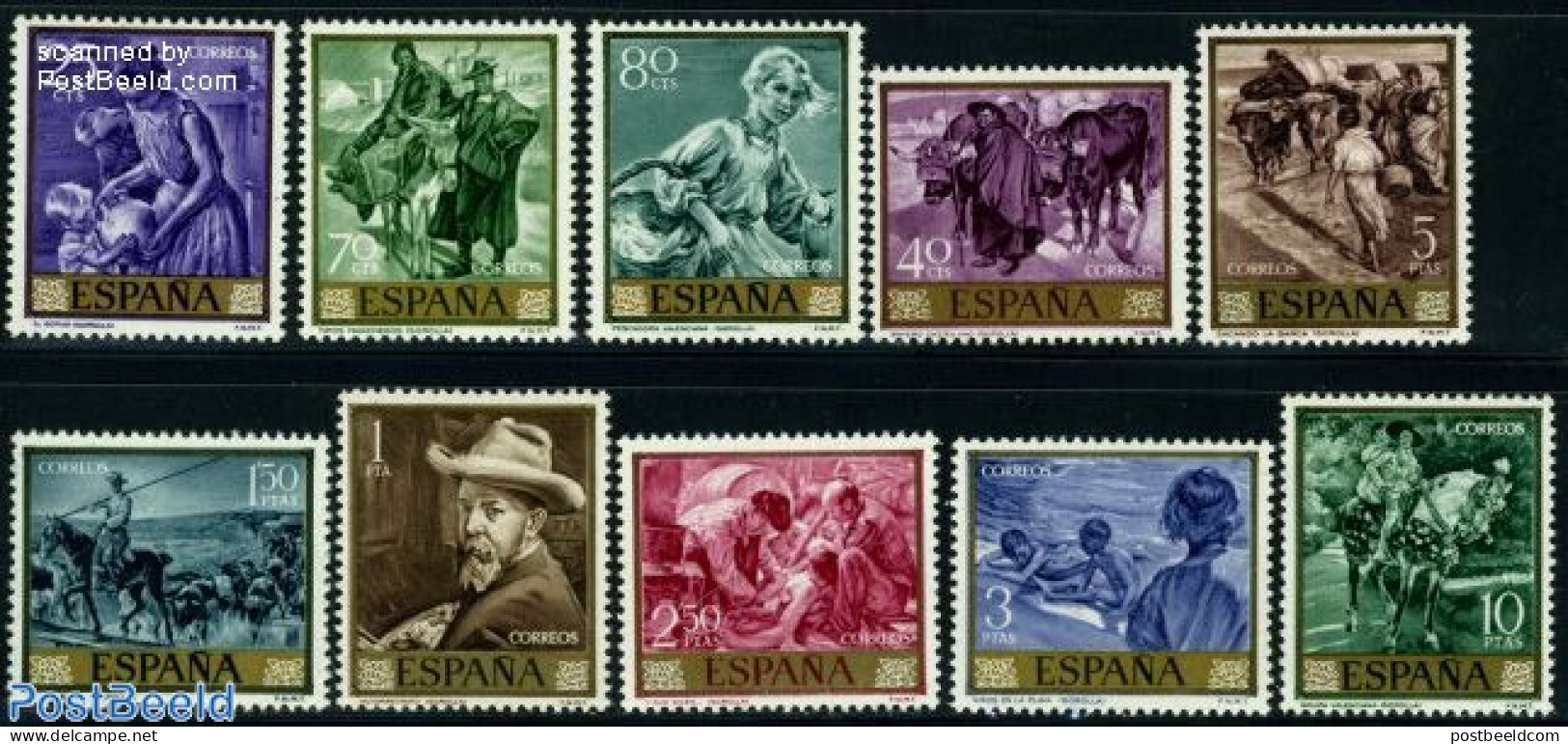 Spain 1964 J. Sorolla Y Bastida Paintings 10v, Mint NH, Nature - Various - Horses - Stamp Day - Mills (Wind & Water) -.. - Unused Stamps