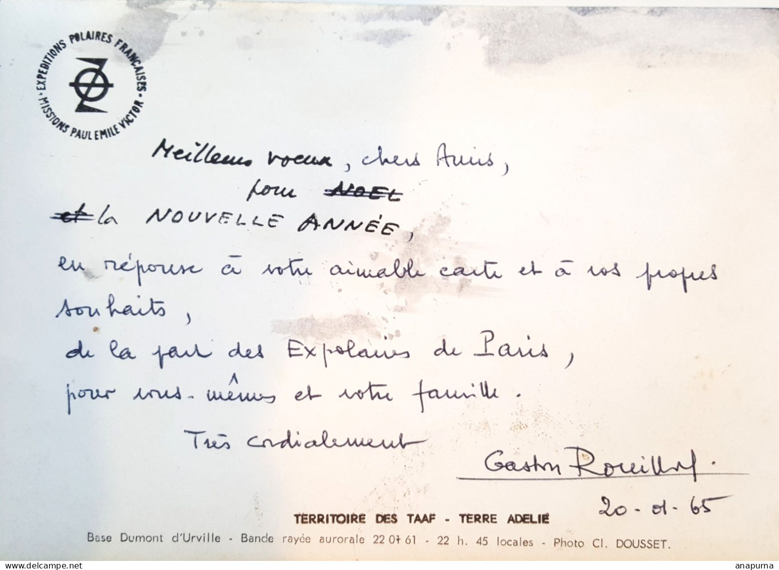 Carte Voeux Des TAAF EPF Missions Paul Emile Victor, Base Dumont D'Urville Aurores, écrite Par Gaston Rouillon, - Brieven En Documenten