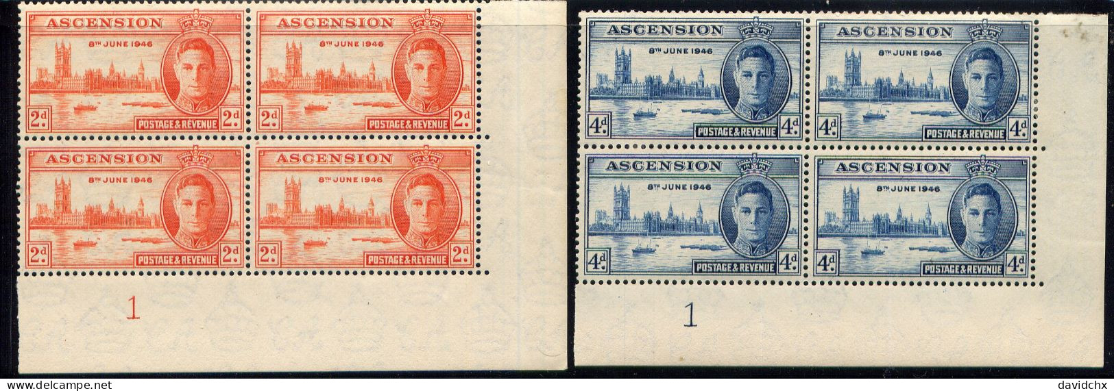 BRITISH EMPIRE, 1946 PEACE ISSUE, 5 DIFFERENT PLATE BLOCK SETS, MLH - Barbuda (...-1981)