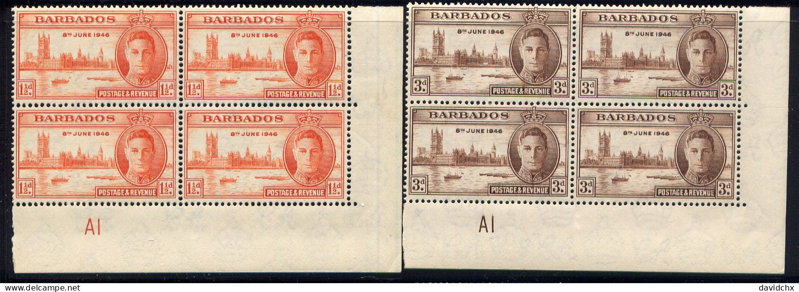 BRITISH EMPIRE, 1946 PEACE ISSUE, 5 DIFFERENT PLATE BLOCK SETS, MLH - Barbuda (...-1981)