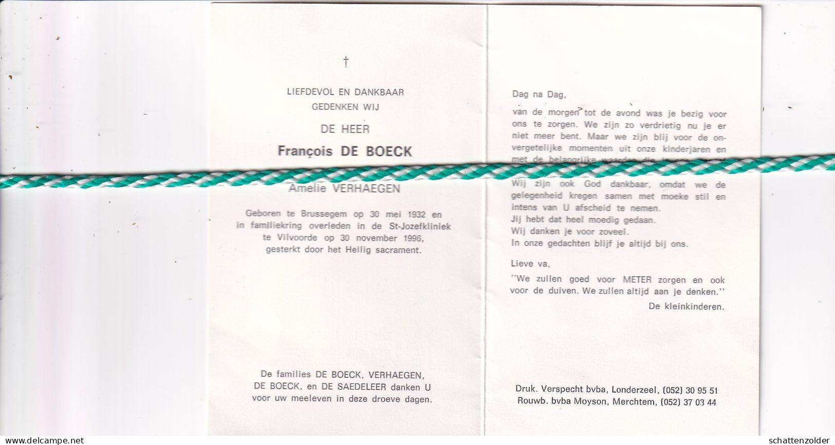 Francois De Boeck-Verhaegen, Brussegem 1932, Vilvoorde 1996 - Obituary Notices