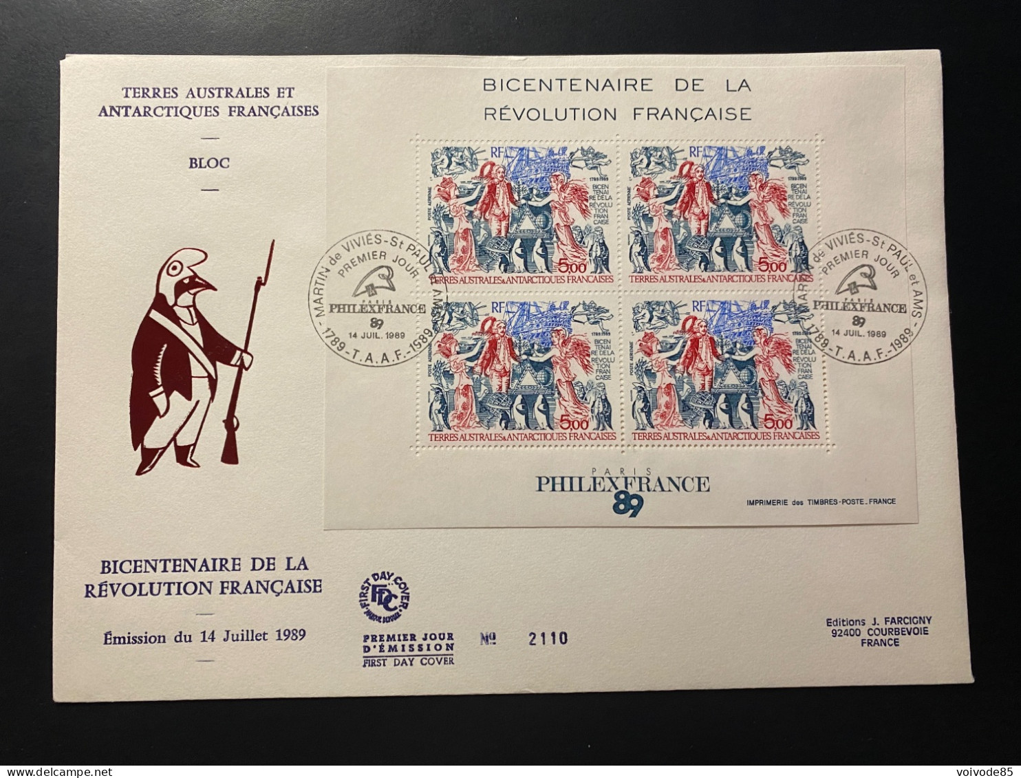 Enveloppe 1er Jour "Bicentenaire De La Révolution Française" 14/07/1989 - PA108 - TAAF - Saint Paul Et Amsterdam - FDC
