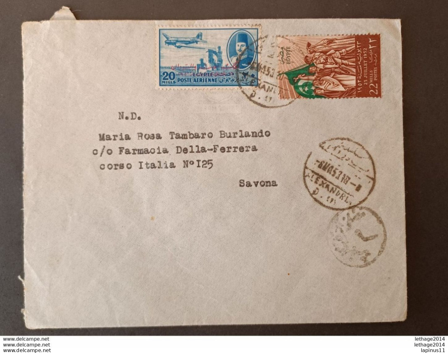 EGITIENNE مصر EGITTO EGYPT 1953 COVER ALEXANDRIE TO SAVONA ITALY - Lettres & Documents