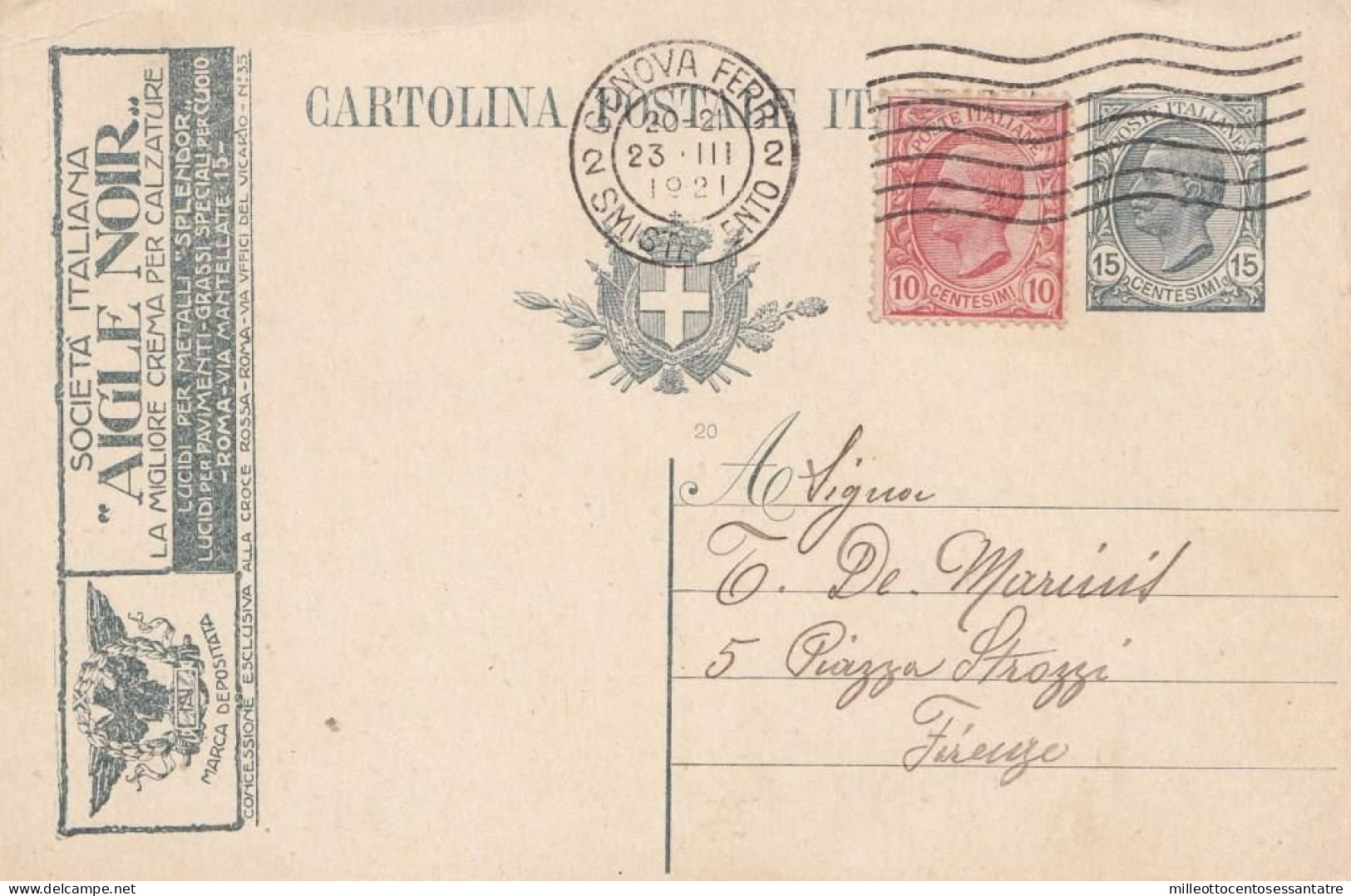 2255 - REGNO - Intero Postale Pubblicitario " AIGLE NOIR " Da Cent.15 Ardesia Del 1921 Da Genova A Firenze - Reklame