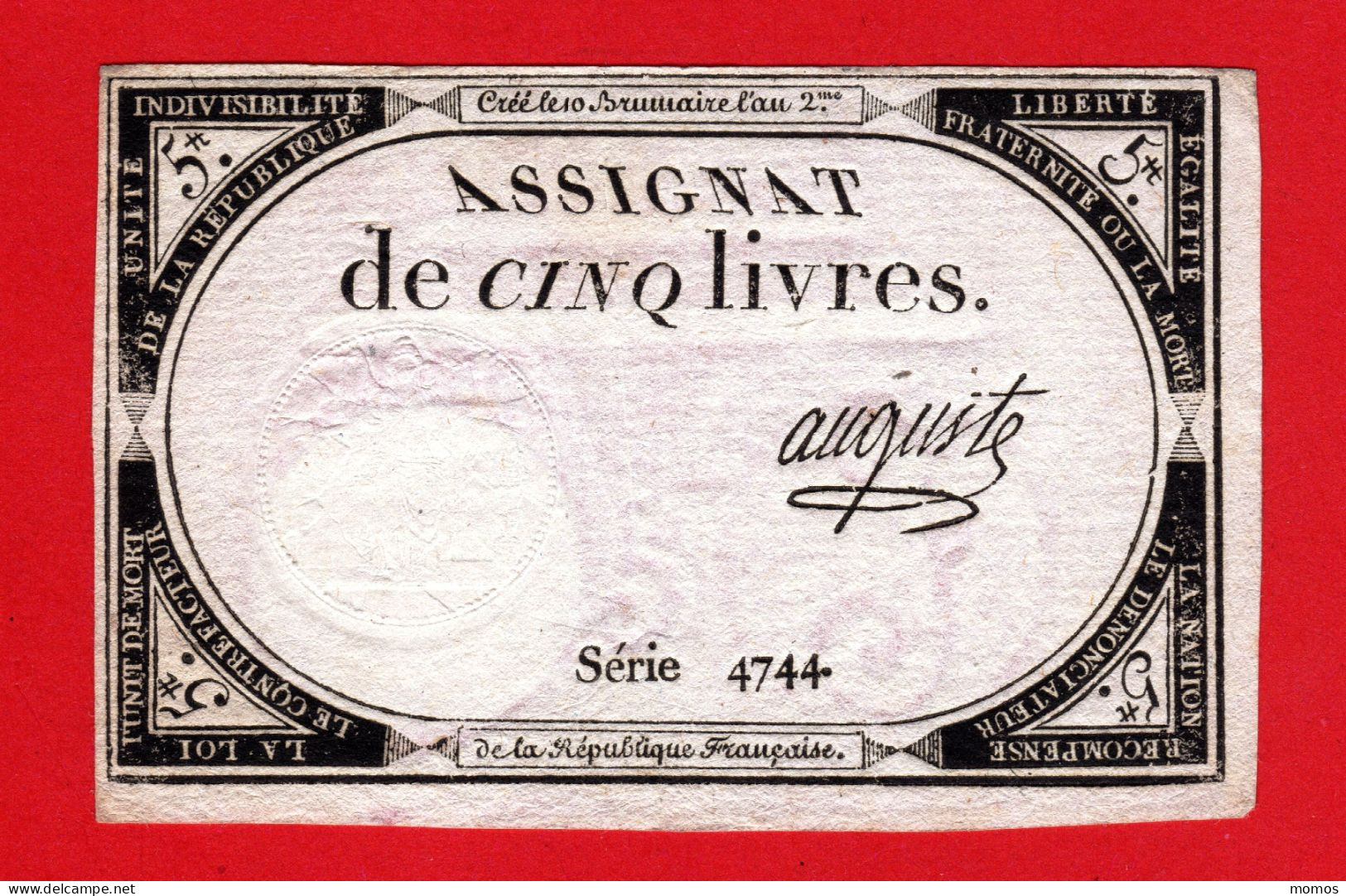 ASSIGNAT DE 5 LIVRES - 10 BRUMAIRE AN 2  (31 OCTOBRE 1793) - AUGUSTE - REVOLUTION FRANCAISE  E - Assegnati