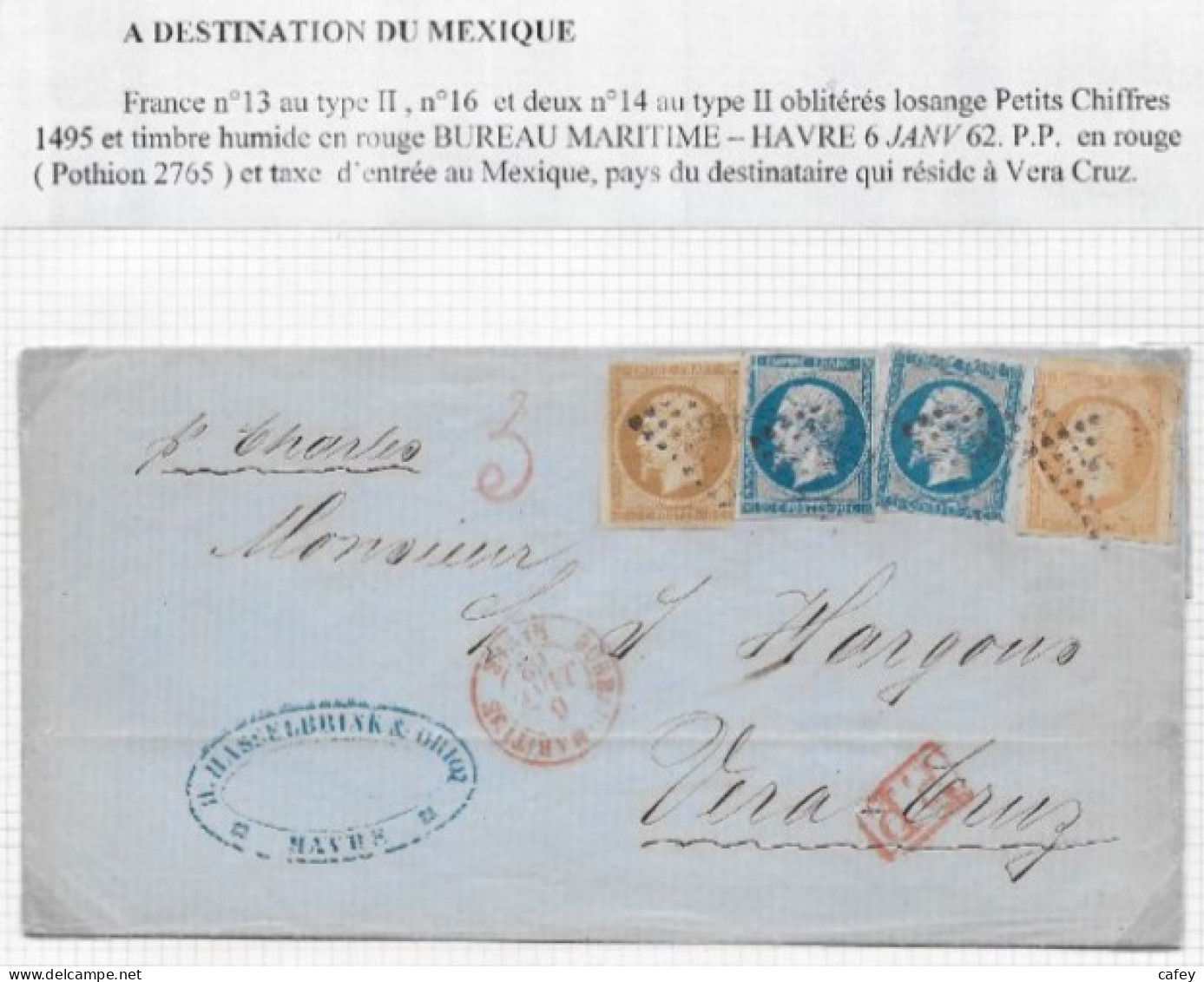 Destination MEXIQUE Lettre Du HAVRE 1862 PC S / N° 14x2+13+16 P/ VERA CRUZ Triple Port Bâtiment De Commerce RARE - 1853-1860 Napoléon III