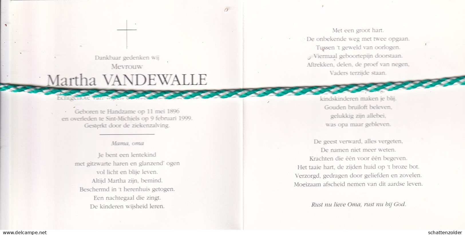 Martha Vandewalle-Gellynck, Handzame 1896, Sint-Michiels 1999. Honderdjarige. Foto - Todesanzeige