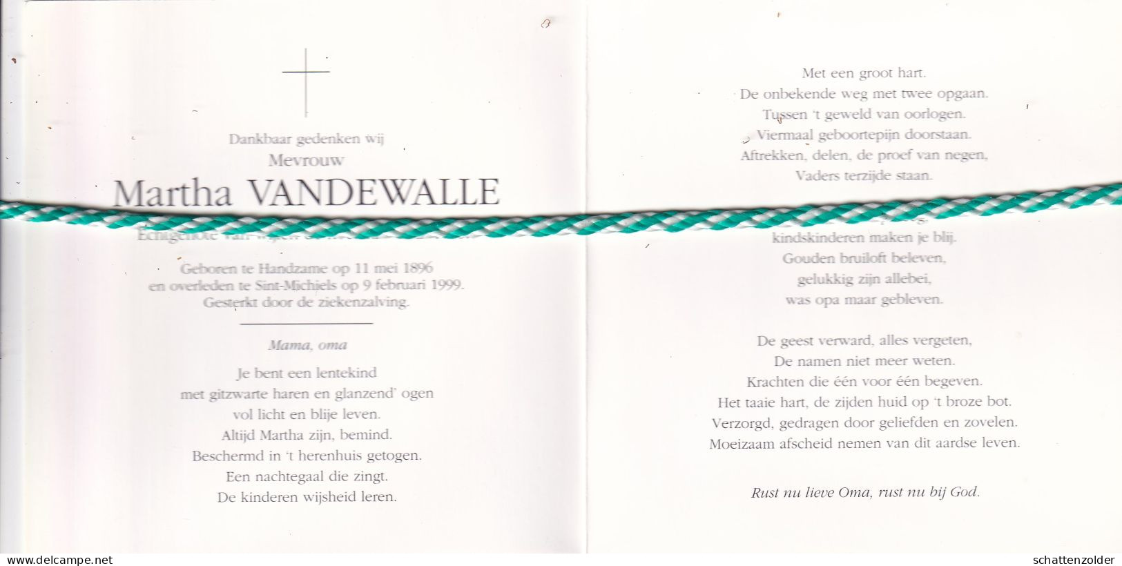 Martha Vandewalle-Gellynck, Handzame 1896, Sint-Michiels 1999. Honderdjarige. Foto - Obituary Notices