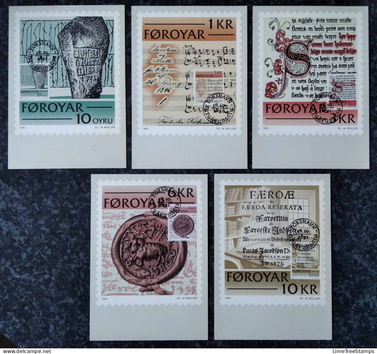 FAROE ISLANDS 1981 Maxi Cards Set - Historical Documents (5 Cards) - Isole Faroer