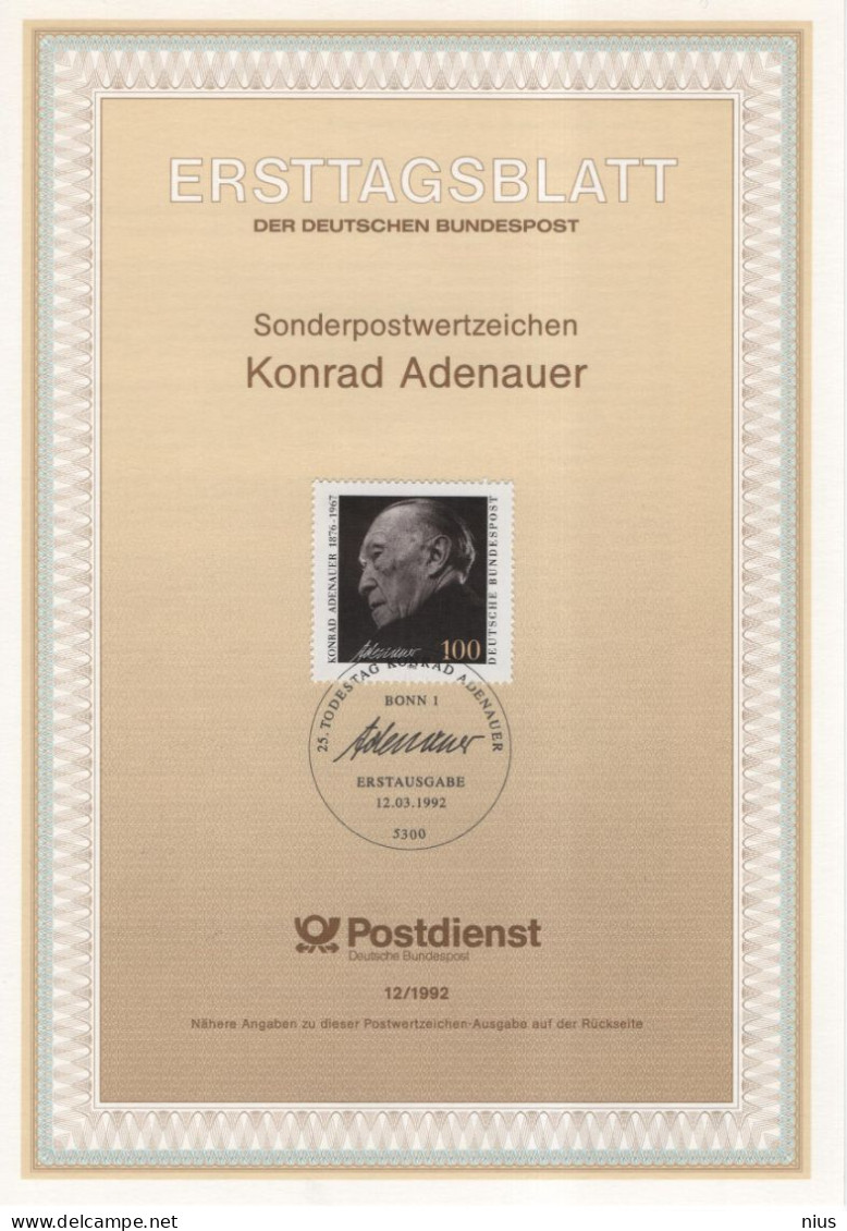 Germany Deutschland 1992-12 Konrad Adenauer, German Statesman, Deutscher Politiker, Canceled In Bonn - 1991-2000