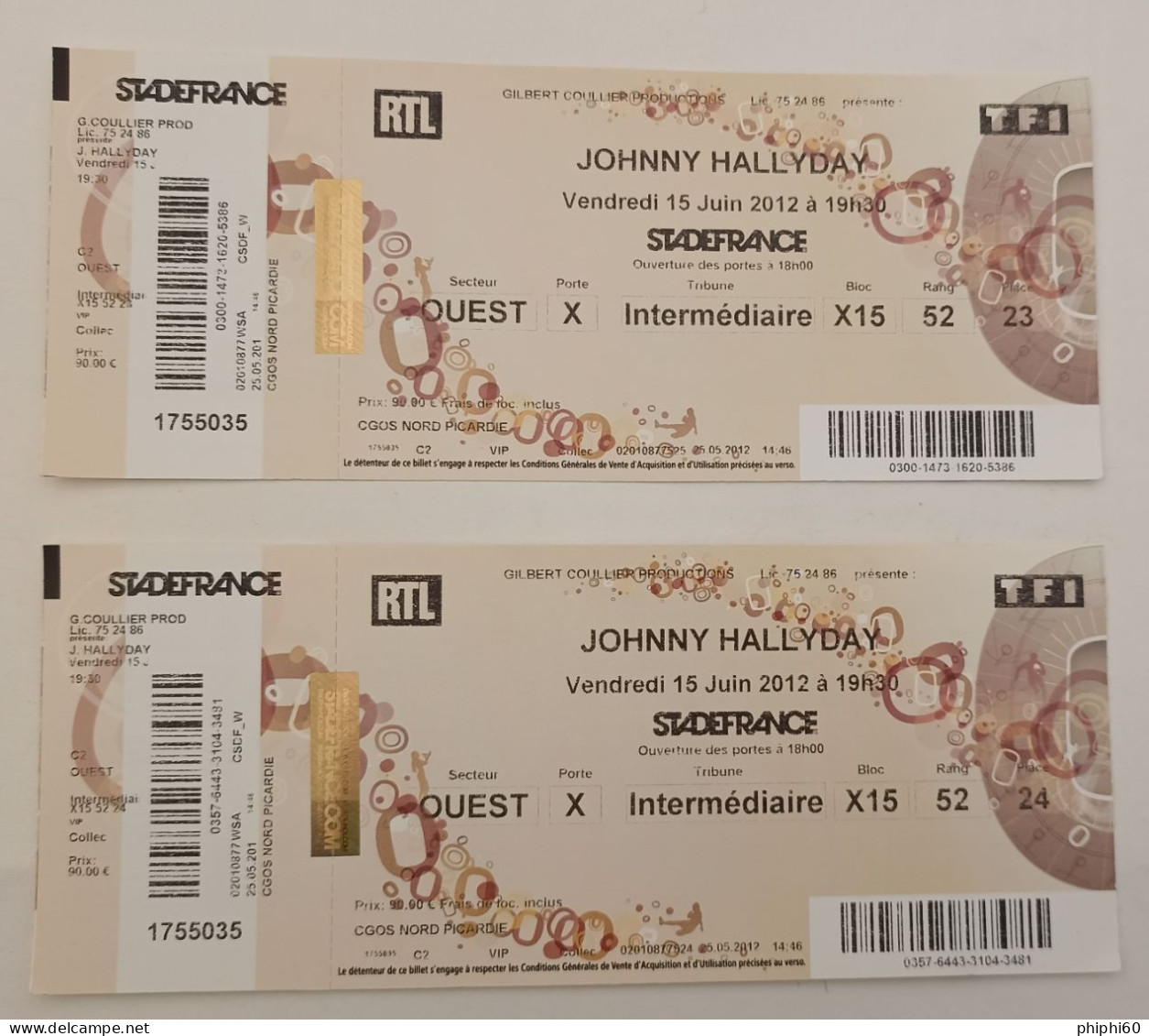 2 BILLETS DE CONCERT  -  JOHNNY HALLYDAY  -  STADE DE FRANCE  2012  ( Neuf ) - Tickets - Entradas