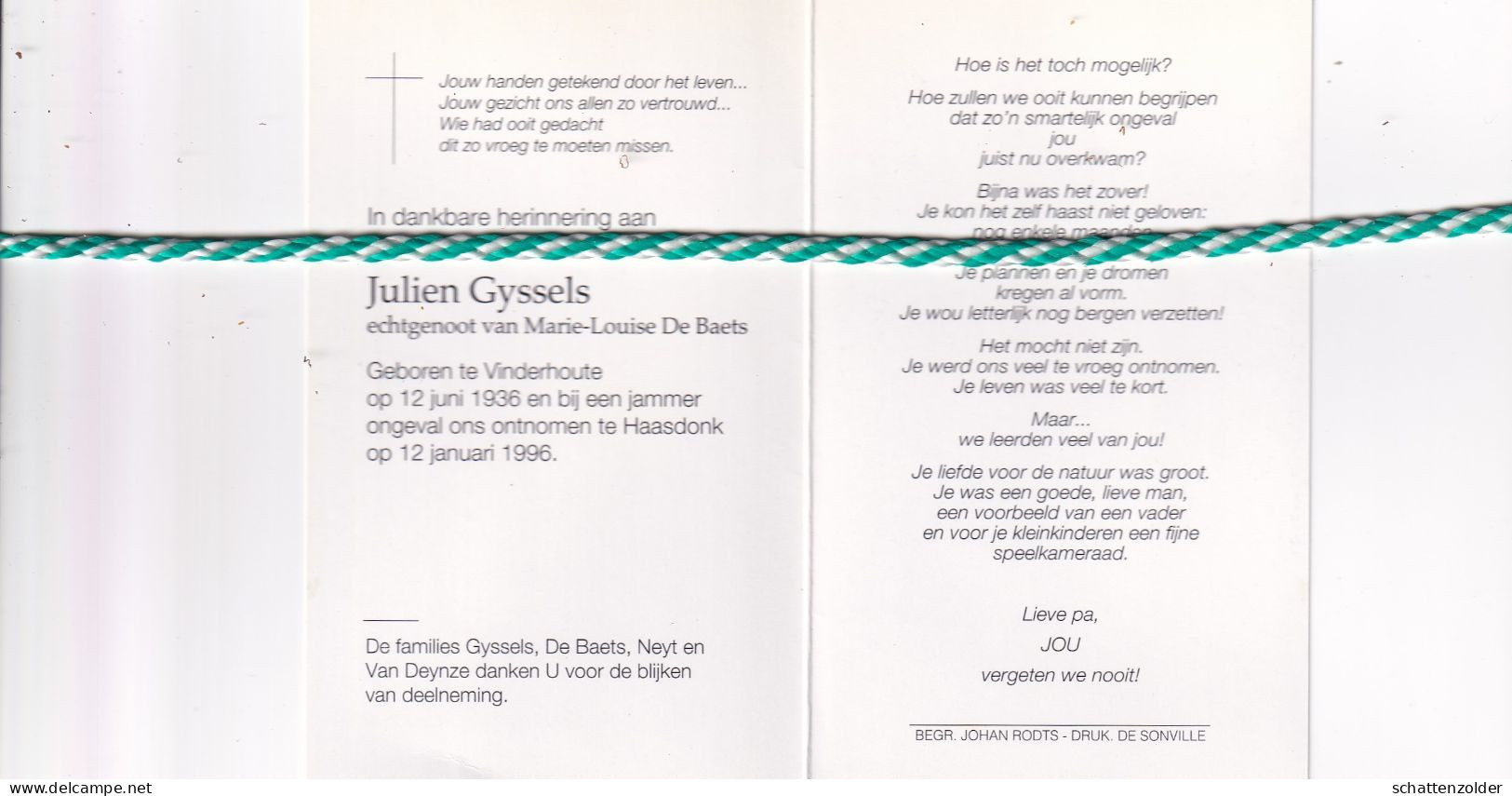Julien Gyssels-De Baets, Vinderhoute 1936, Haasdonk 1996. Foto - Obituary Notices