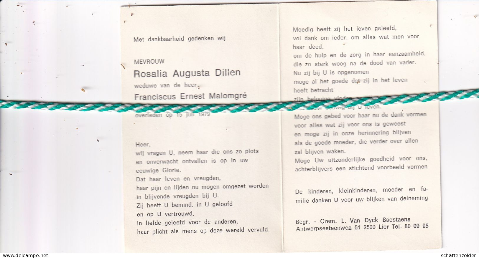 Rosalia Augusta Dillen-Malomgré, Antwerpen 1924, 1979 - Obituary Notices