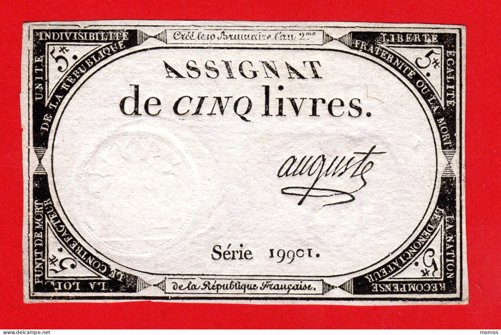 ASSIGNAT DE 5 LIVRES - 10 BRUMAIRE AN 2  (31 OCTOBRE 1793) - AUGUSTE - REVOLUTION FRANCAISE  E - Assignats