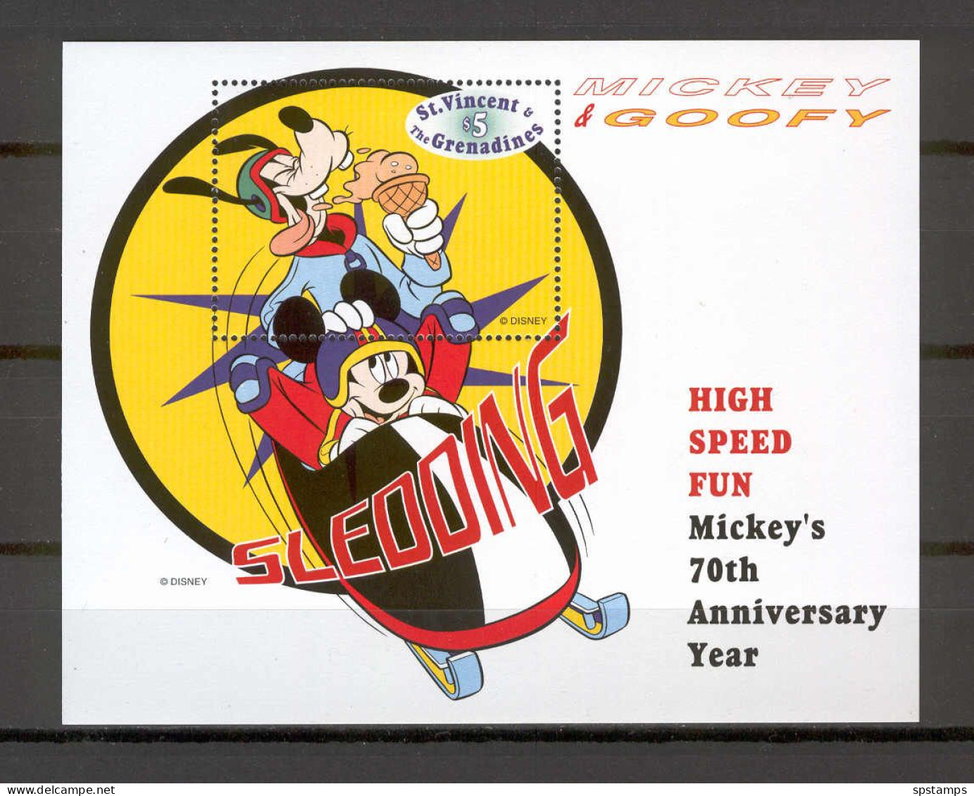 Disney St Vincent Gr 1999 Mickey Goofy - Sledding MS MNH - Disney