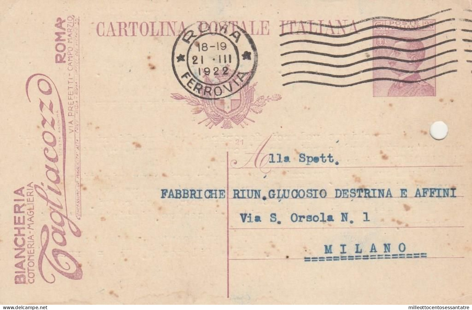 2273 - REGNO - Intero Postale Pubblicitario " BIANCHERIA TAGLIACOZZO " Da Cent.25 Del 1922 Da Roma A Milano - Reklame