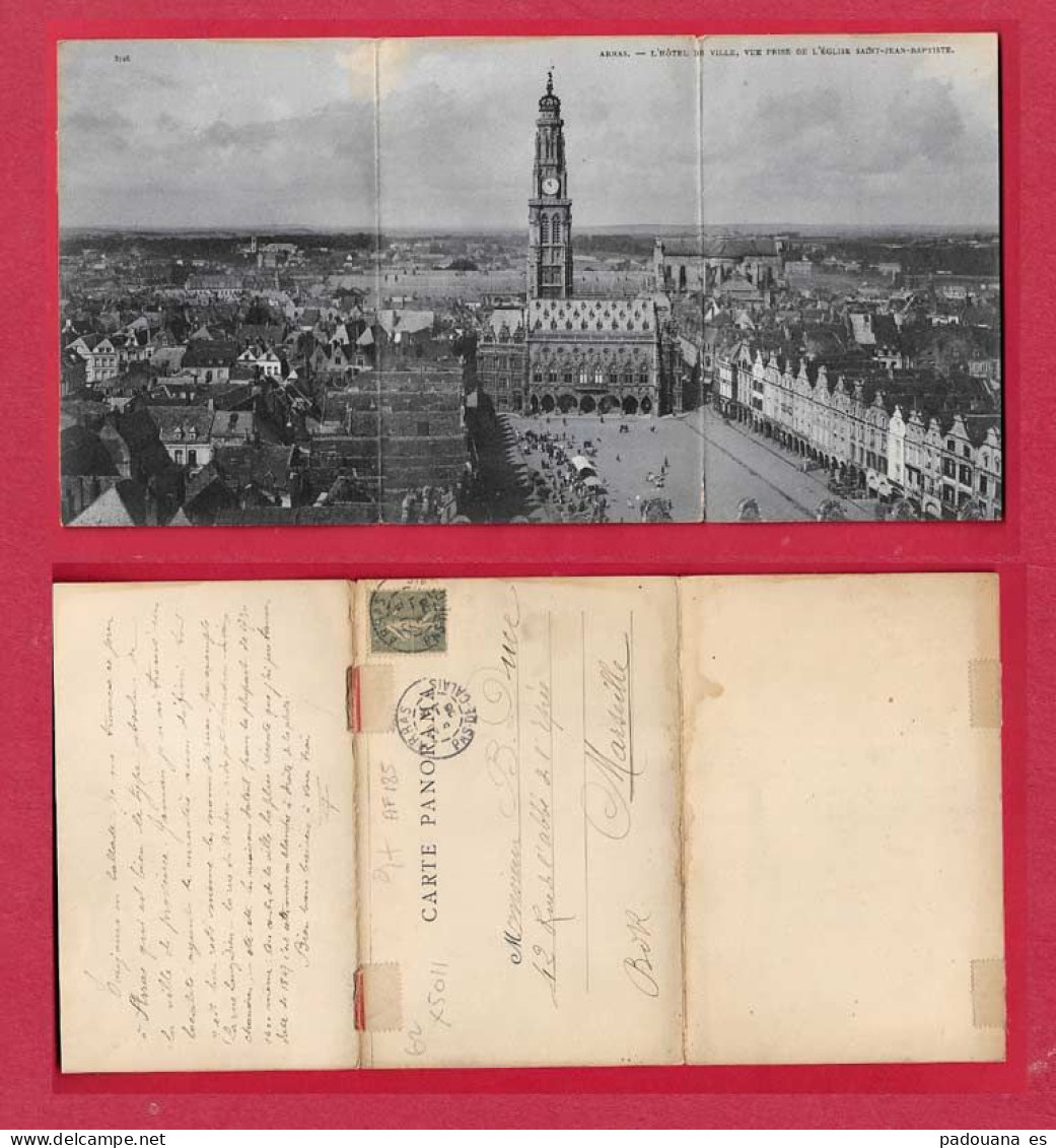 AF185 62 PAS DE CALAIS ARRAS L'HOTEL DE VILLE VUE PRISE DE L'EGLISE SAINT JEAN BAPTISTE CARTE 3 VOLETS MAXI CARTE 1905 - Arras