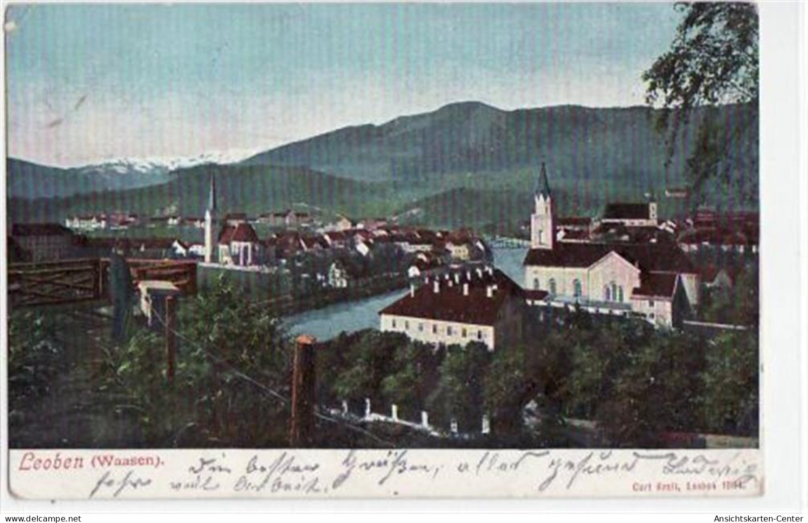 39040705 - Leoben Mit Teilansicht Gelaufen, Marke Entfernt, Ca. 1900. Leichte Eckabschuerfungen, Kleiner Knick Oben Lin - Autres & Non Classés