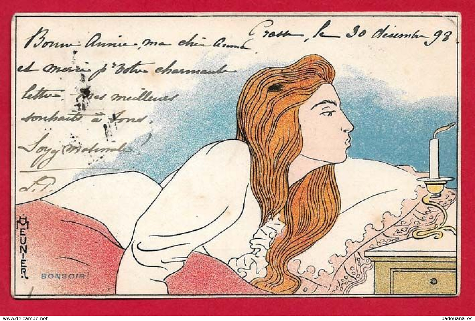 AF122 ILLUSTRATEUR HENRI MEUNIER BONSOIR FEMME AU COUCHER EN DECEMBRE 1898 - Autres & Non Classés