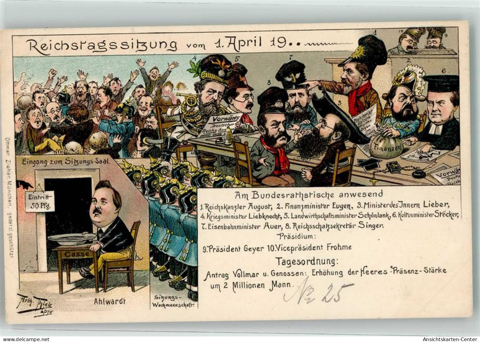 13609705 - Reichstagsitzung  Humor  Satir Karikatur Politik Zieher, Ottmar - Thiele, Arthur