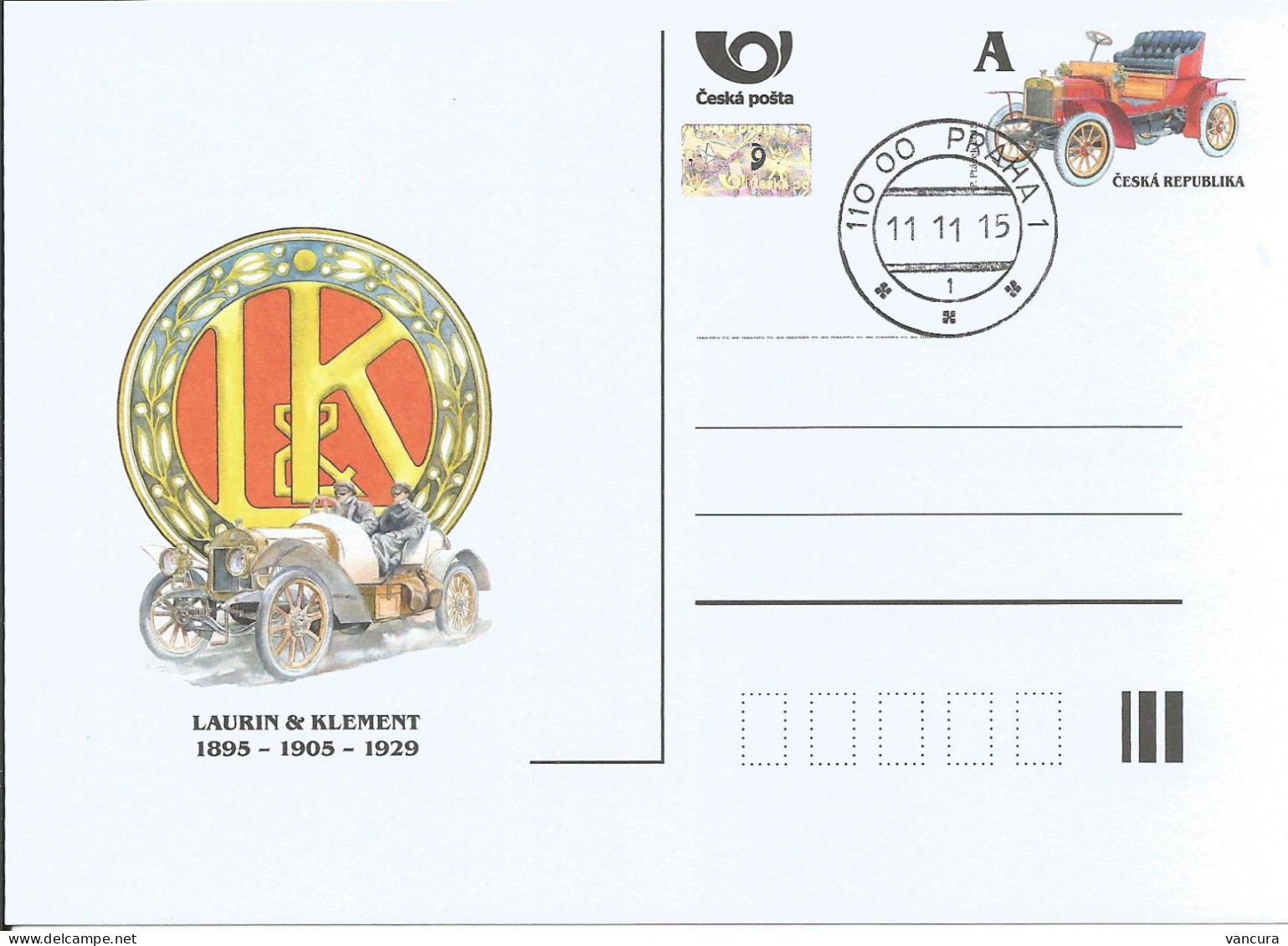 CDV 171 Czech Republic Laurin And Klement Cars 2015 - Cartoline Postali