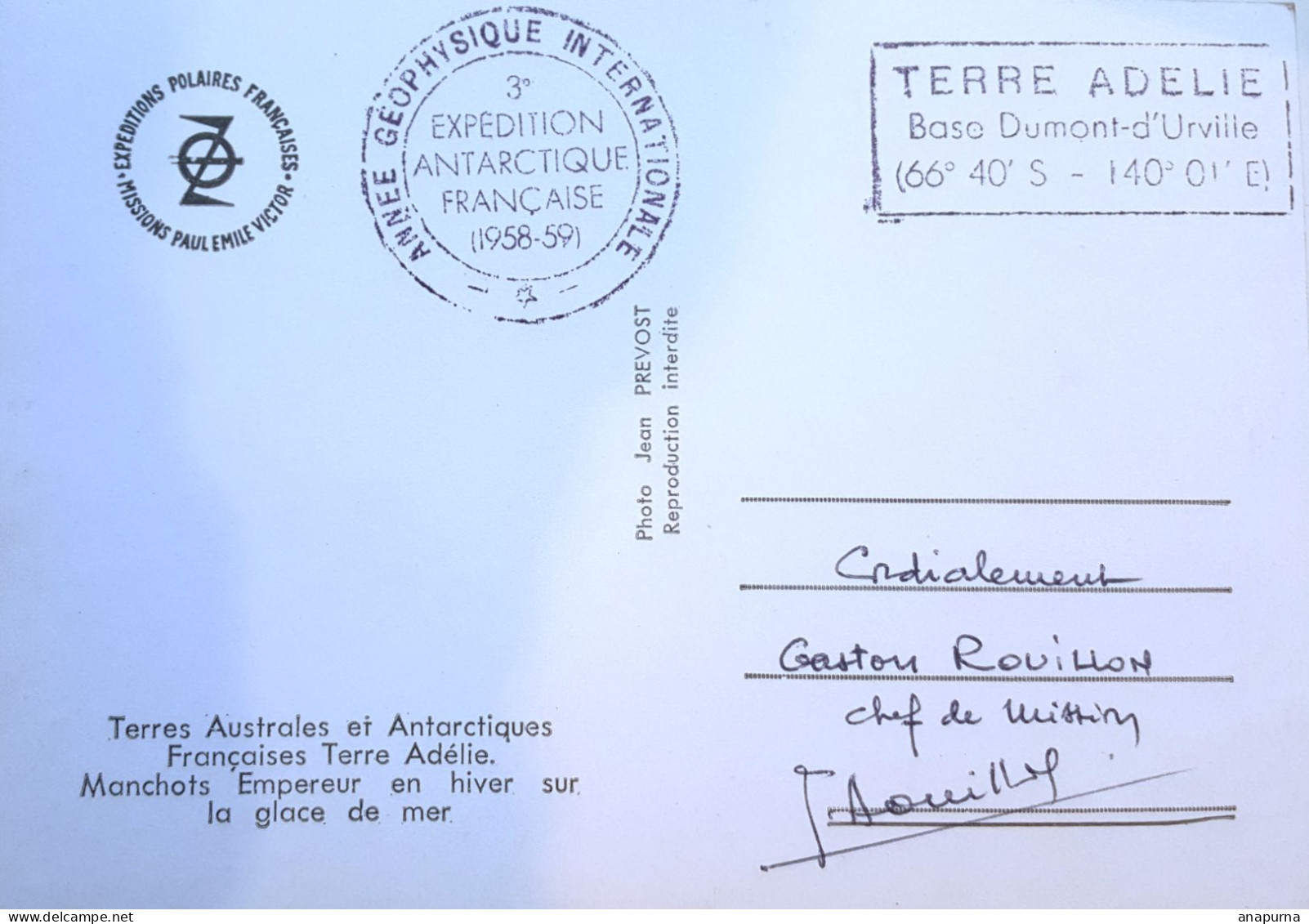 Carte TAAF EPF, Empereurs, Terre Adélie, Signée Par Gaston Rouillon Chef 3eme Expé AGI, Cachet Rond De GR 3eme Expé, - Cartas & Documentos