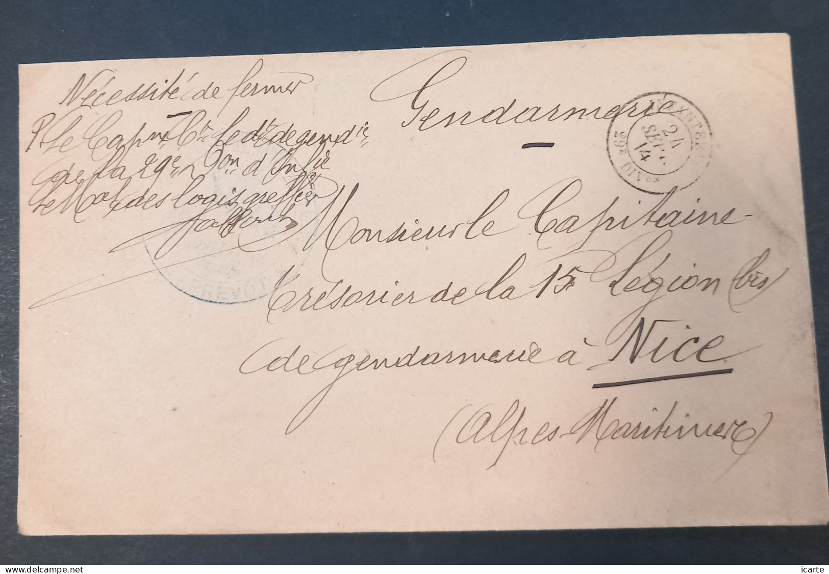Oblitération De Manoeuvres 29e DIVon INFANTERIE 24 Sept 14 Sur Env Manuscrit Le Cdt Détachement De Gendarmerie De La 29e - Guerre De 1914-18