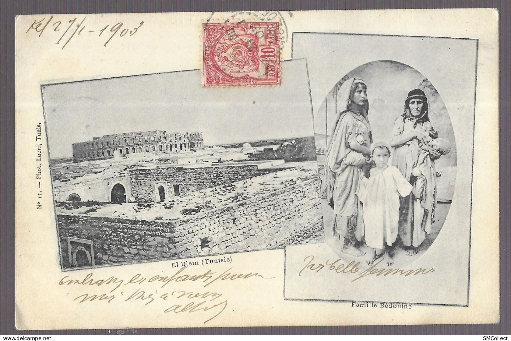 El Djem / Famille Bédouine. Cachet Le Kef + Timbre Régence De Tunis (A17p16) - Tunisie