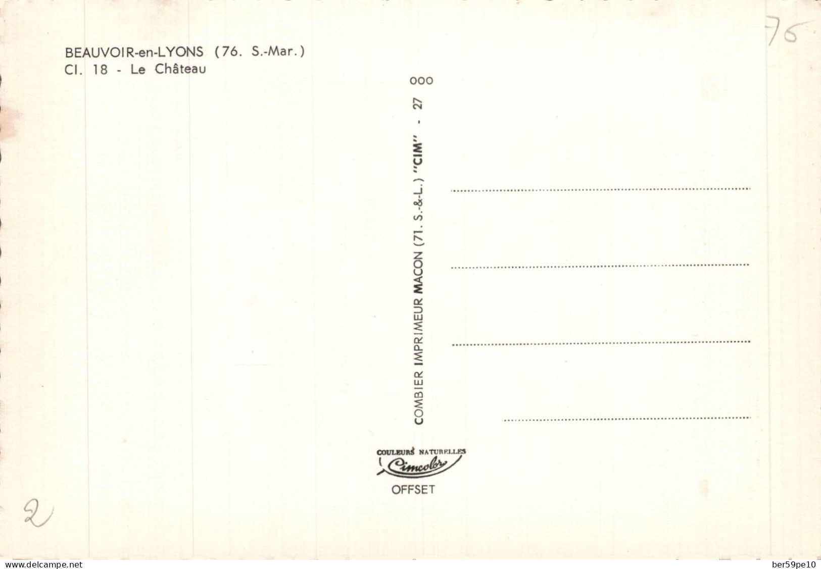 76 BEAUVOIR-EN-LYONS LE CHATEAU - Autres & Non Classés