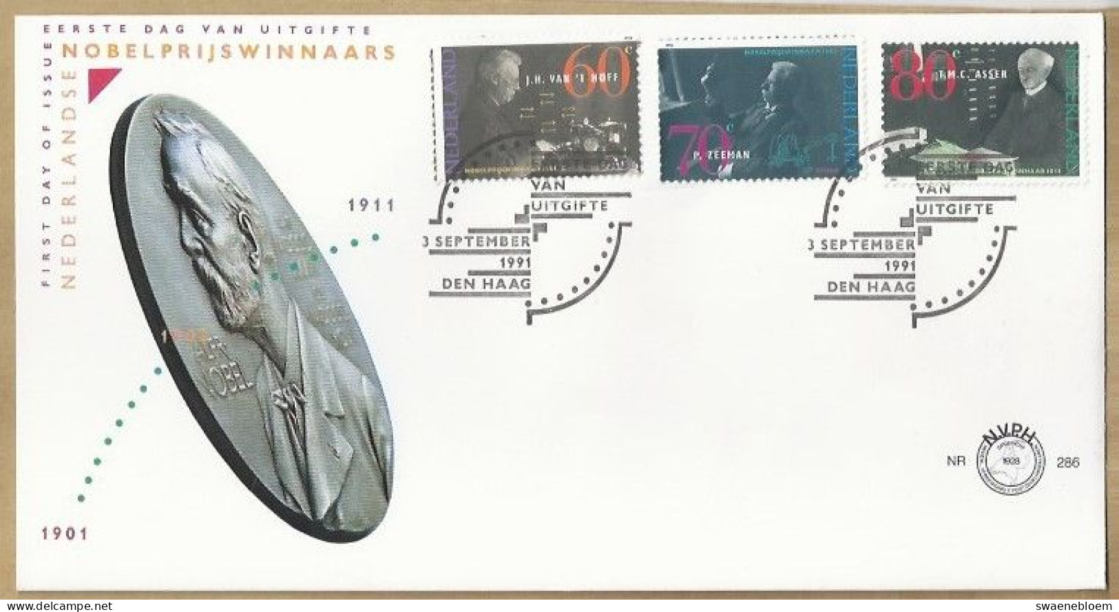 NL.- FDC. NVPH Nr. 286. EERSTE DAG VAN UITGIFTE. FIRST DAY OF ISSUE. 03-09-1991. NOBELPRIJSWINNAARS. - FDC