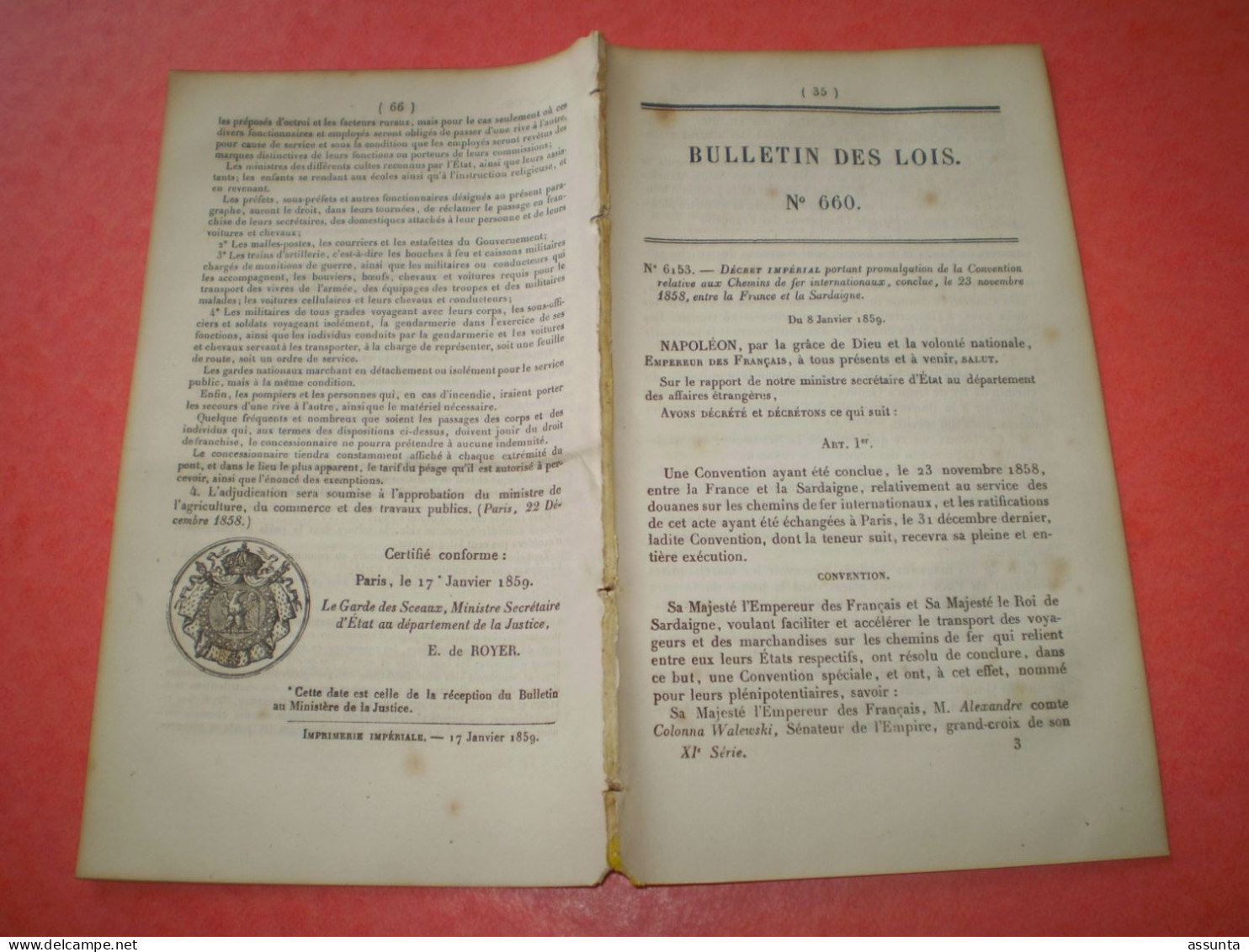 Lois Napoléon: Convention Chemin De Fer France Sardaigne. Tarifs Passage Bac De St VENERAND, Hte Loire. La Mure 38 - Decreti & Leggi