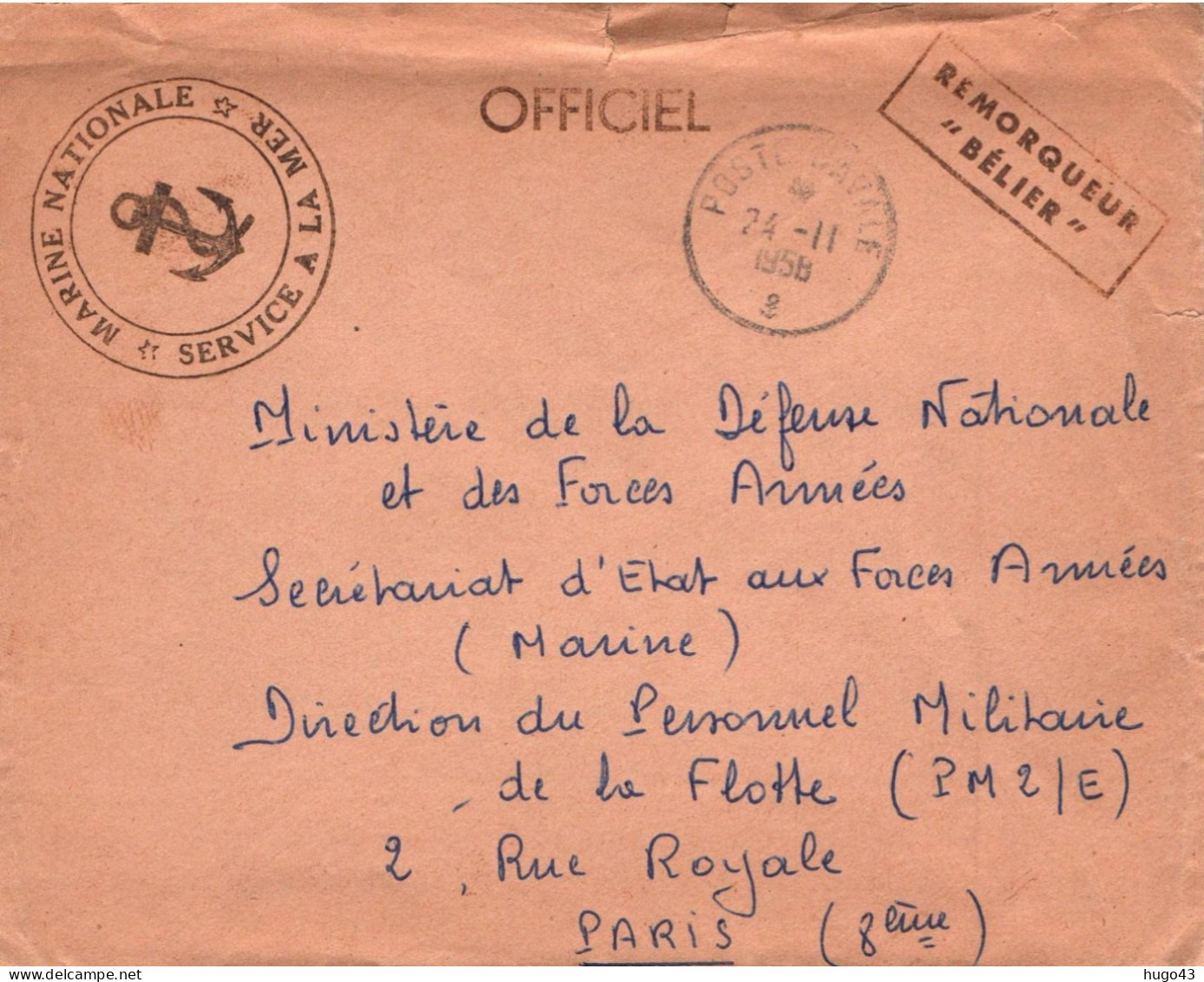 ENVELOPPE AVEC CACHET REMORQUEUR BELIER - POSTE NAVAL LE 24/11/1958 - Seepost