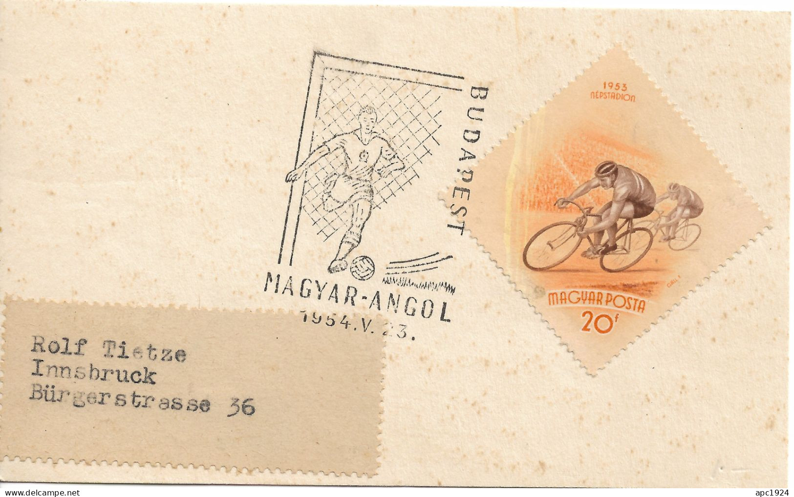 Hungría , Tarjeta Circulada Con Matasellos Especial " Partido Hungria - Inglaterra 23.5.1954" - Equipos Famosos