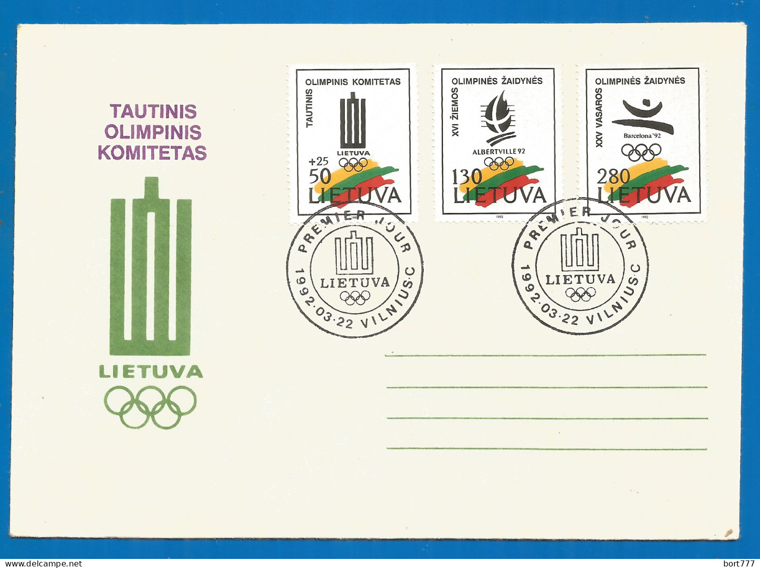 Lithuania Cover 1992 Year Olympic FDC - Lithuania