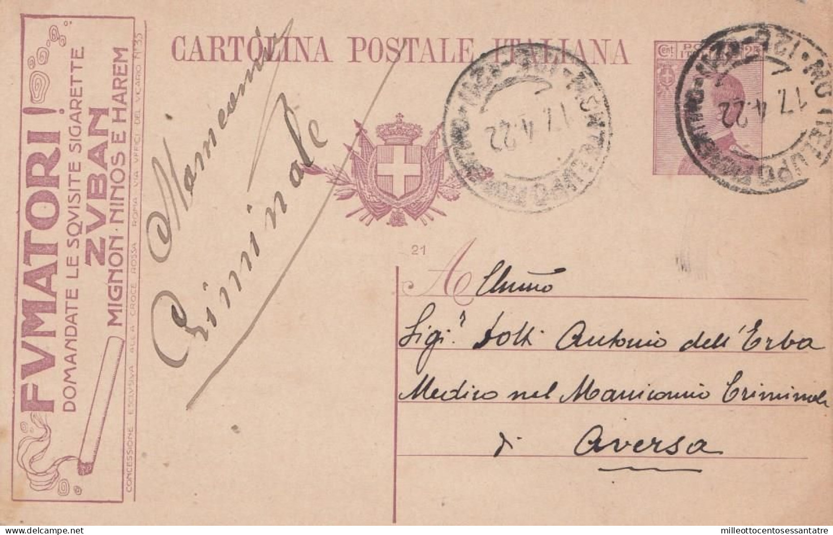 2298 - REGNO - Intero Postale Pubblicitario " FUMATORI ! SIGARETTE ZUBAN " Da Cent.25 Del 1922 Da Montelupo Ad Aversa - Publicidad