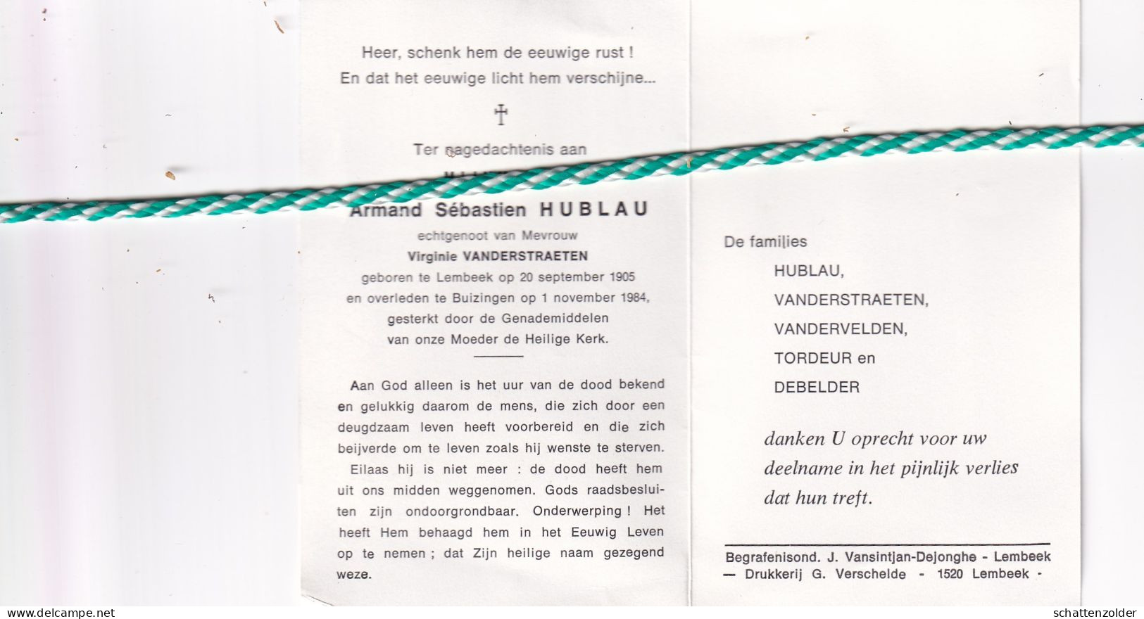 Armand Sébastien Hublau-Vanderstraeten, Lembeek 1905; Buizingen 1984 - Décès