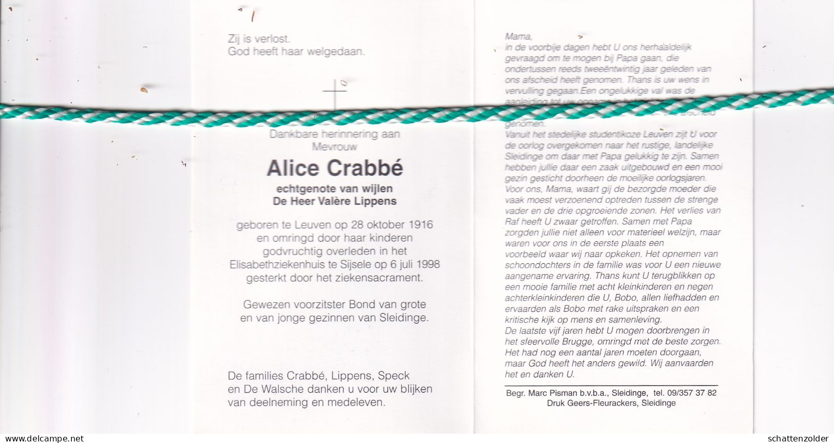 Alice Crabbé-Lippens, Leuven 1916, Sijsele 1998. Foto - Décès