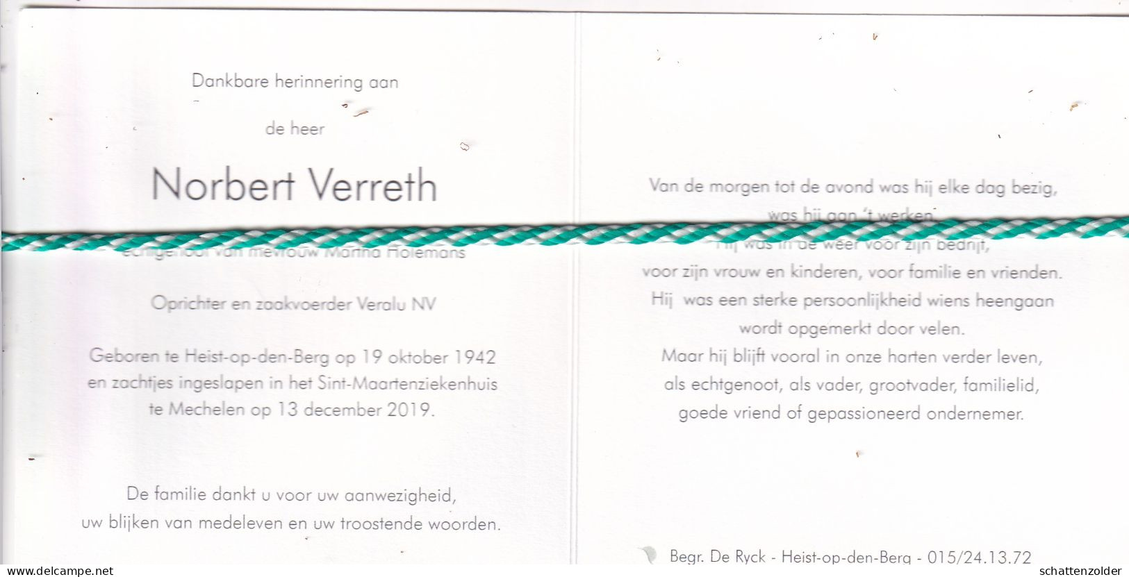 Norbert Verreth-Holemans, Heist-op-den-Berg 1942, Mechelen 2019. Oprichter-Zaakvoerder Nv Veralu. Foto - Décès