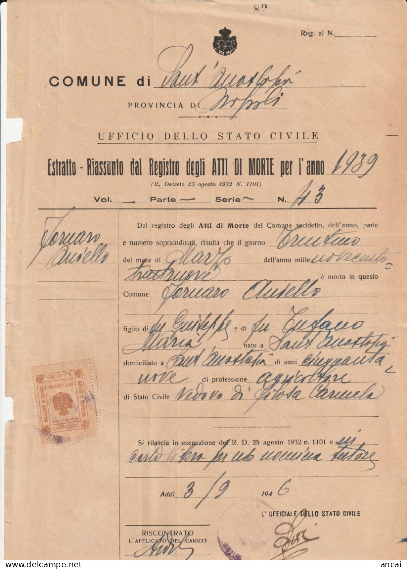 Italy. Sant'Anastasia. 1946. Marca Municipale (comunale) DIRITTI DI SEGRETERA L.0,30, Su Certificato - Non Classés