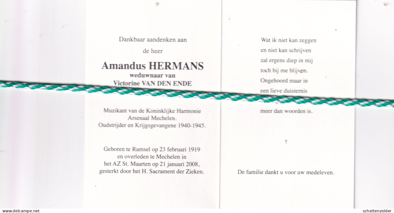 Amandus Hermans-Van Den Ende, Ramsel 1919, Mechelen 2008. Oud-strijder 40-45; Foto - Décès