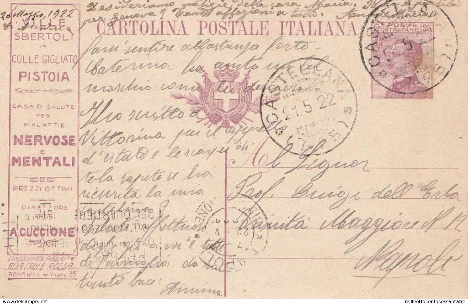 2305 - REGNO - Intero Postale Pubblicitario " VILLE SBERTOLI " Da Cent.25 Del 1922 Da Castellana A Napoli - Publicité