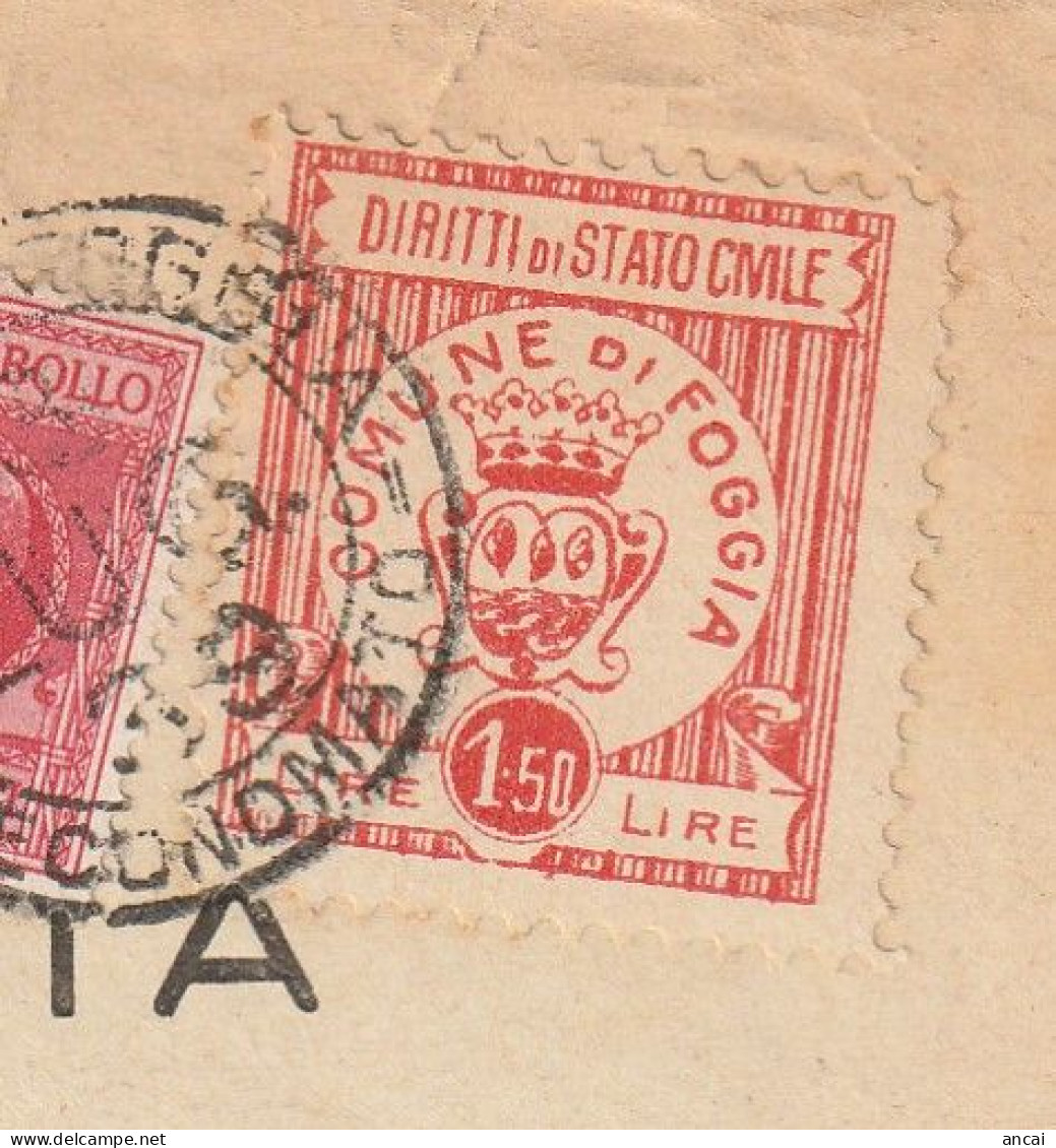 Italy. Foggia. 1939. Marca Municipale (comunale) DIRITTI DI STATO CIVILE L. 1,50, Su Certificato - Non Classés