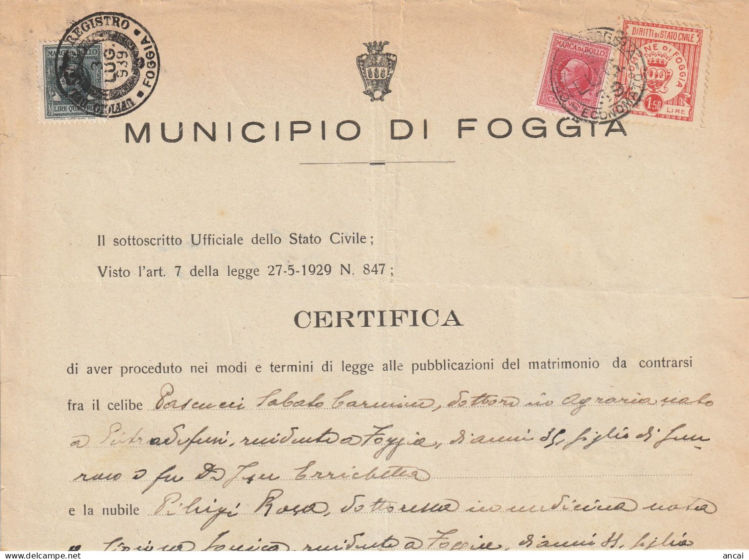 Italy. Foggia. 1939. Marca Municipale (comunale) DIRITTI DI STATO CIVILE L. 1,50, Su Certificato - Sin Clasificación