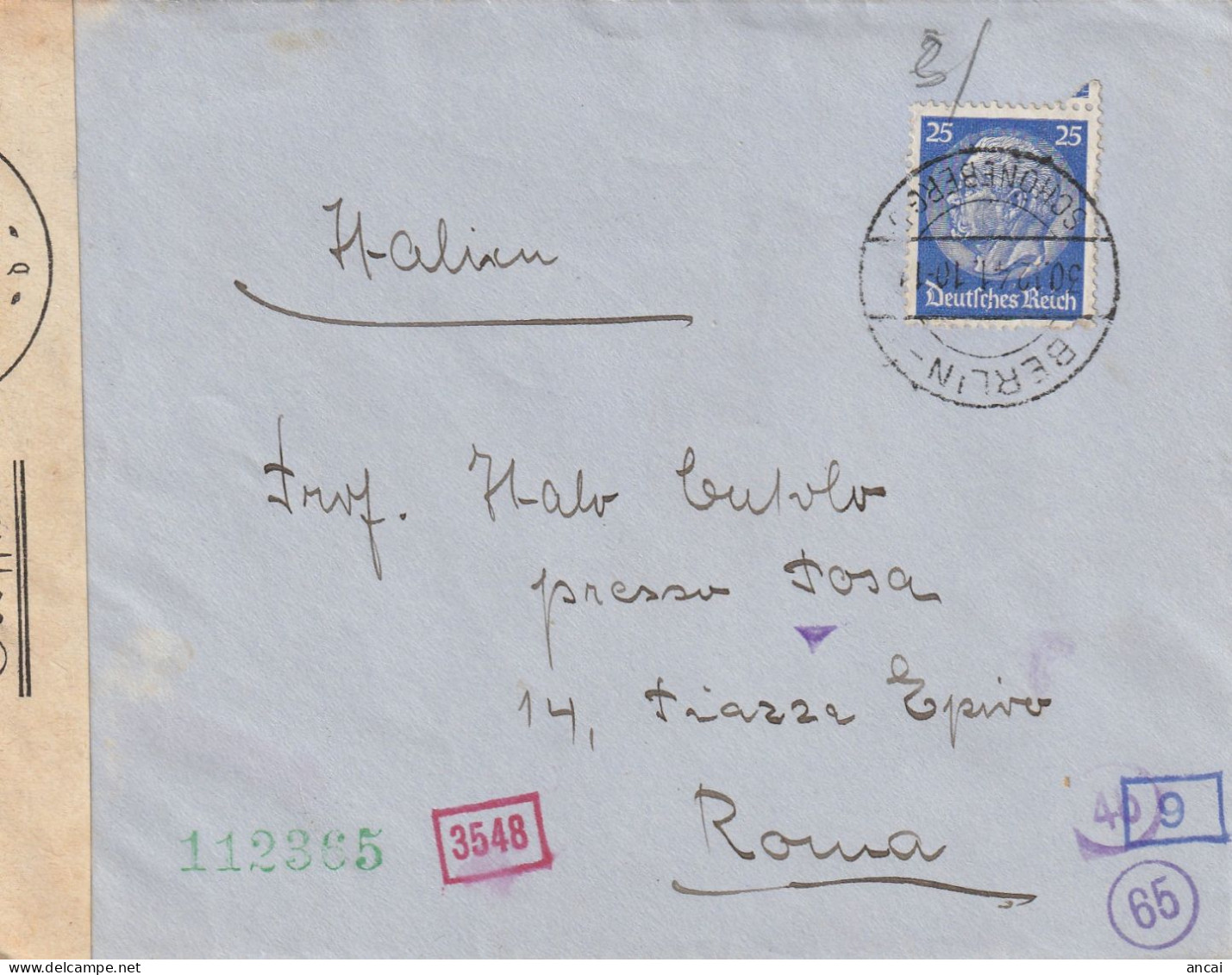 A203. Germania. Lettera Da Berlino Per Roma. CENSURA. - Covers & Documents