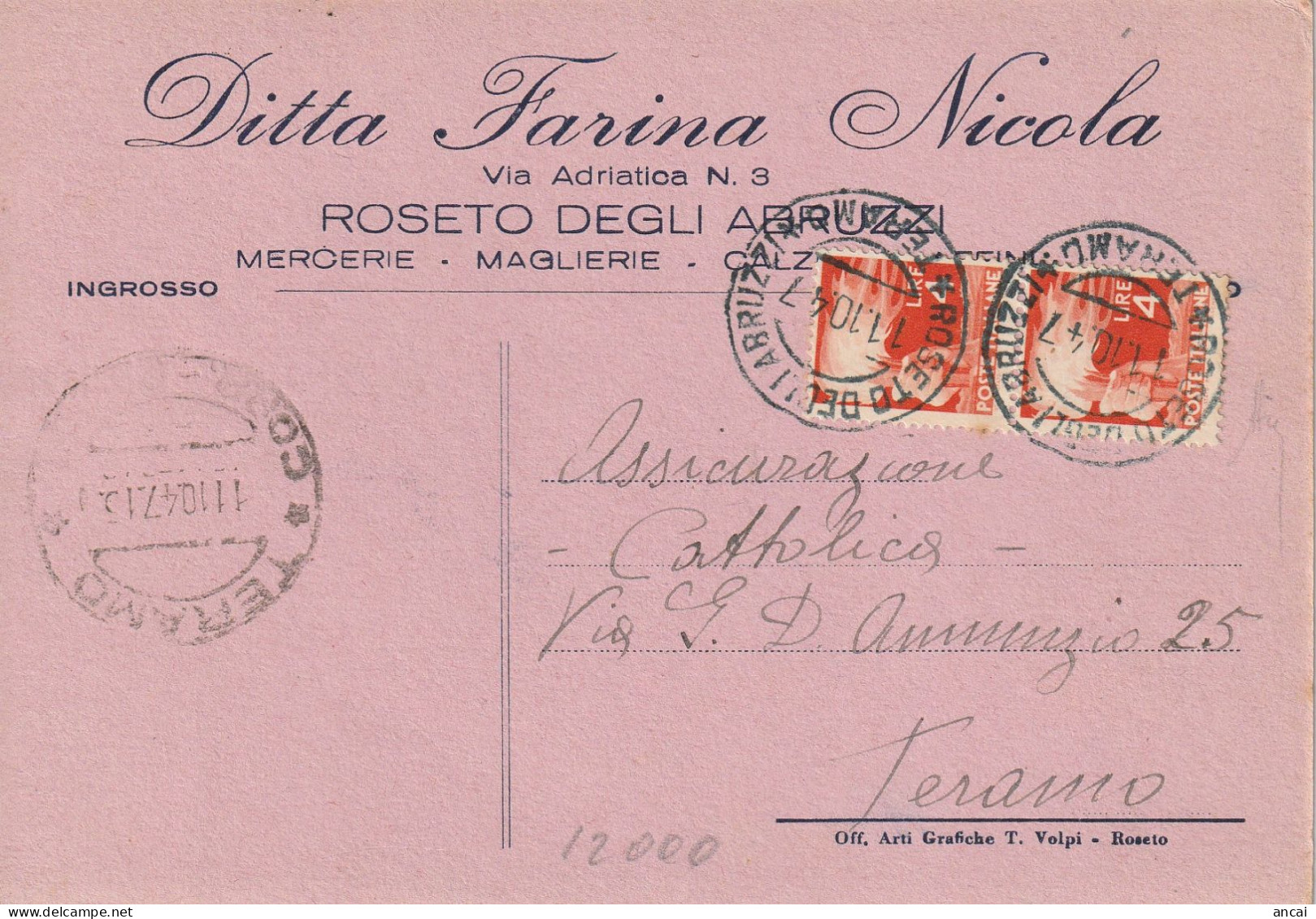 Italy. A203. 1947. Roseto Degli Abruzzi.  Cartolina Postale PUBBLICITARIA.... MERCERIE - MAGLIERIE .... - 1946-60: Marcofilie
