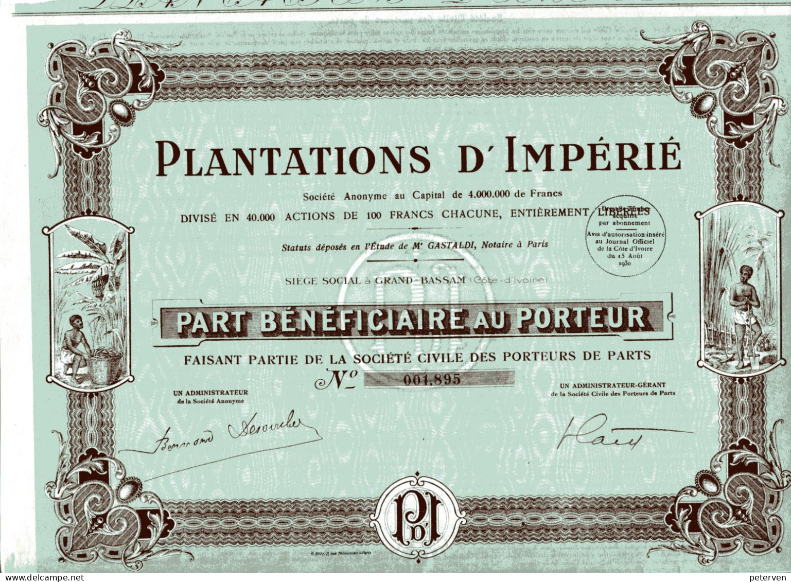 PLANTATIONS D'IMPÉRIE; Part Bénéficiaire  (Côte D'Ivoire) - Afrika