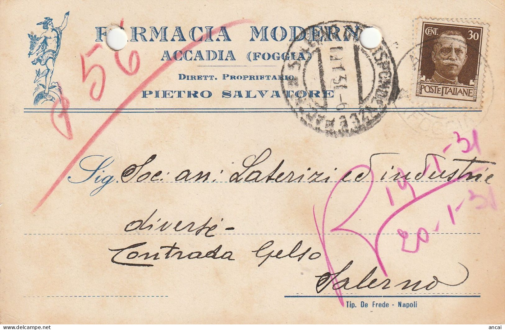 Italy. A203. 1931. Accadia.  Cartolina Postale PUBBLICITARIA.... FARMACIA ... - Marcophilia